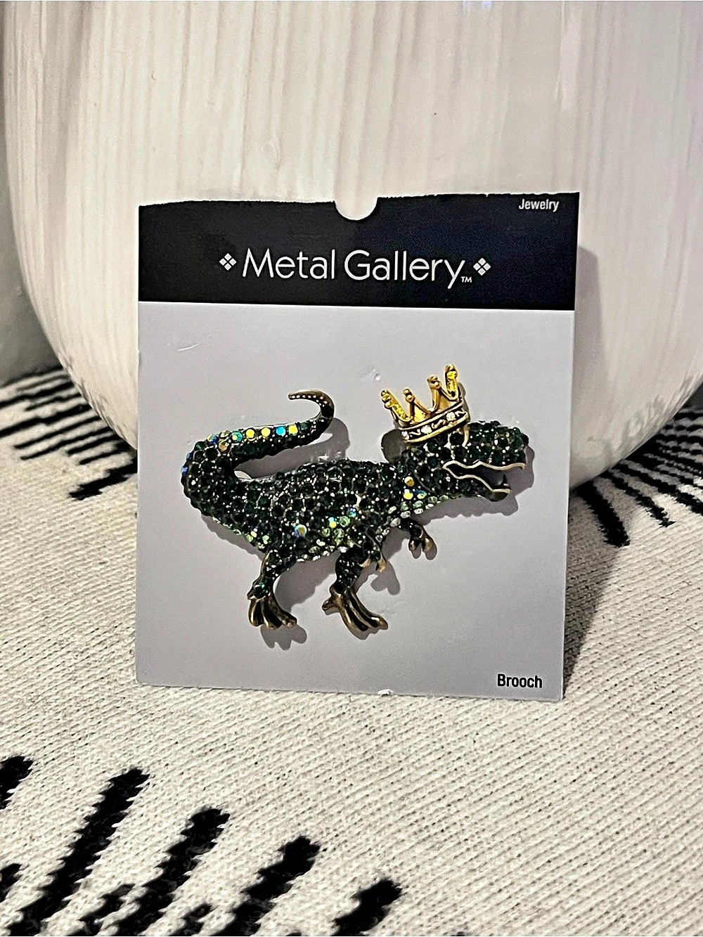 Metal Gallery Crowned Dinosaur T-Rex Rhinestone Brooch Green & Gold